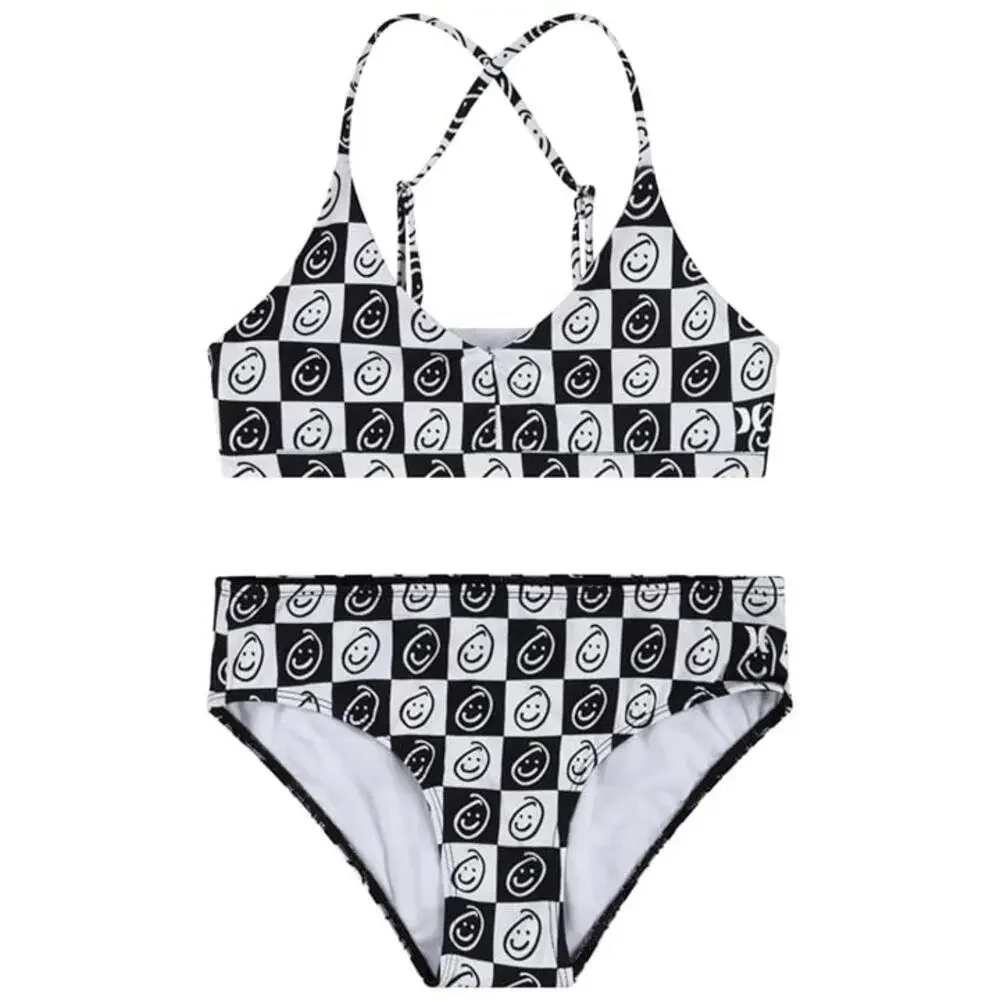 Hurley Two-Piece Triangle Bikini Swim Set Kids 12 White Black Printed GBO1762